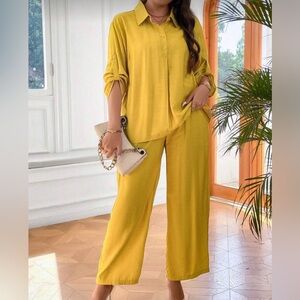 SHEIN Yellow Wide Leg Pants & Blouse Set